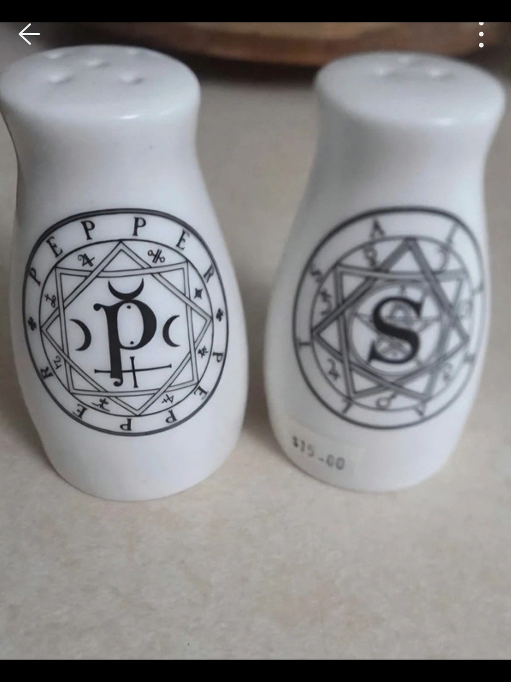 Ceramic Salt & Pepper Shakers with Black Symbol Design